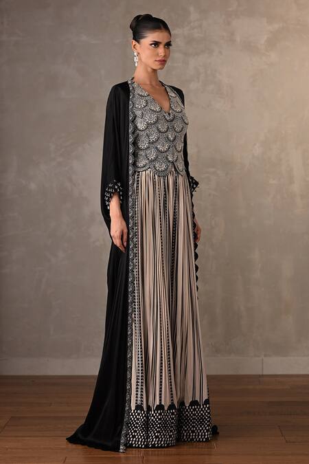 Onaya_Off White Crepe Sequins, Beads Embellished Top Geometric Pleated Skirt And Cape _Online_at_Aza_Fashions