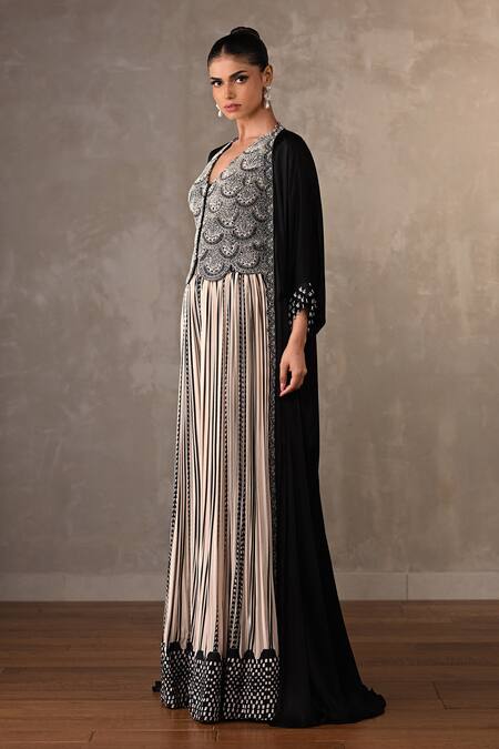 Buy_Onaya_Off White Crepe Sequins, Beads Embellished Top Geometric Pleated Skirt And Cape _Online_at_Aza_Fashions