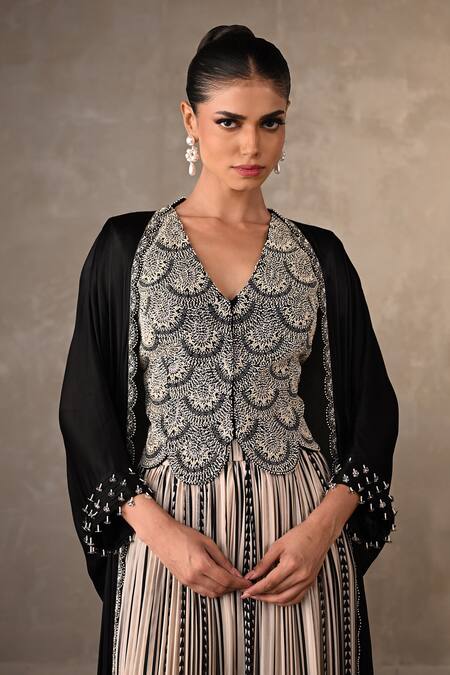 Shop_Onaya_Off White Crepe Sequins, Beads Embellished Top Geometric Pleated Skirt And Cape _Online_at_Aza_Fashions