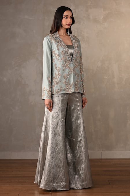 Shop_Onaya_Blue Brocade Embroidery Sweetheart Neck, Zardosi Jacket Pant Set _Online_at_Aza_Fashions