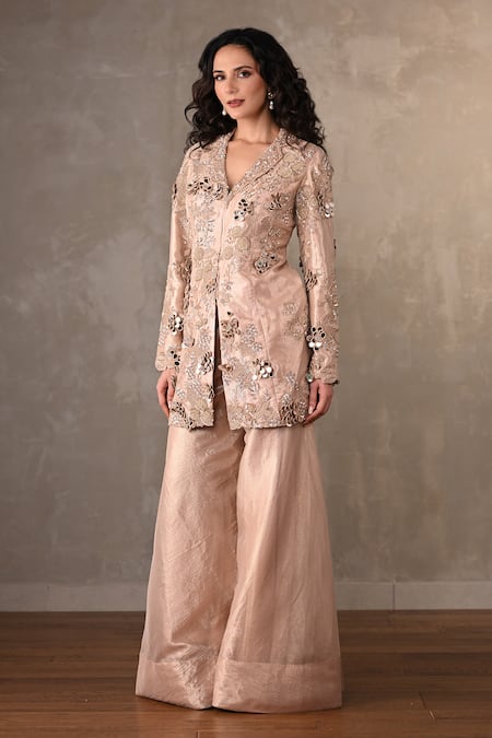 Buy_Onaya_Peach Tissue Mirrors, Sequins, Embroidery Floral Vine Jacket And Sharara Set _Online_at_Aza_Fashions