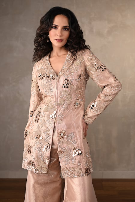 Shop_Onaya_Peach Tissue Mirrors, Sequins, Embroidery Floral Vine Jacket And Sharara Set _Online_at_Aza_Fashions
