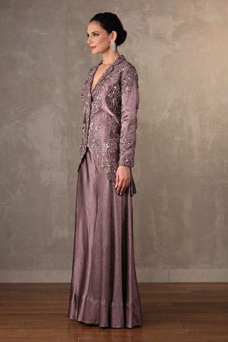 Onaya_Mauve Satin Sequins, Stones V-neck Embroidered Jacket And Sharara Pant Set _Online_at_Aza_Fashions