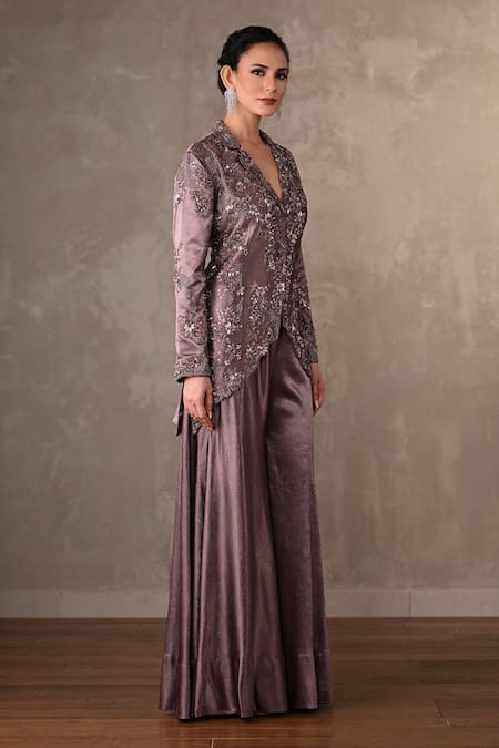 Buy_Onaya_Mauve Satin Sequins, Stones V-neck Embroidered Jacket And Sharara Pant Set _Online_at_Aza_Fashions