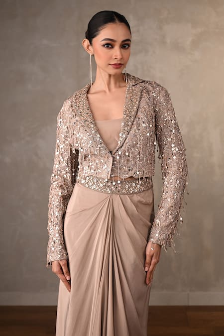 Shop_Onaya_Beige Crepe Mirrors, Sequins Sweetheart Neck, Work Jacket Skirt Set _Online_at_Aza_Fashions