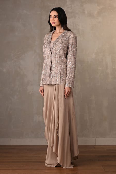 Onaya_Beige Crepe Mirrors, Sequins Sweetheart Neck, Work Jacket Skirt Set _Online_at_Aza_Fashions