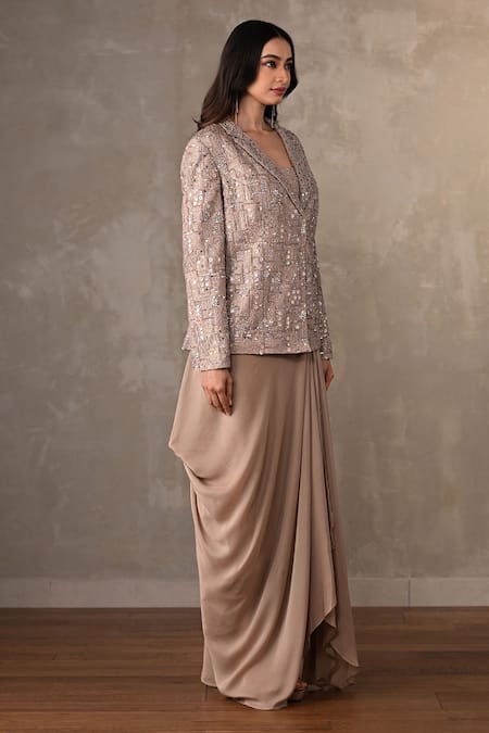 Buy_Onaya_Beige Crepe Mirrors, Sequins Sweetheart Neck, Work Jacket Skirt Set _Online_at_Aza_Fashions