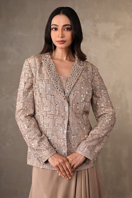 Shop_Onaya_Beige Crepe Mirrors, Sequins Sweetheart Neck, Work Jacket Skirt Set _Online_at_Aza_Fashions