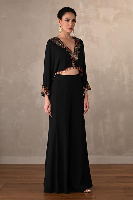 Onaya_Black Georgette Embroidery, Mirrors, Thread Embellished Crop Top And Trouser Set _Online_at_Aza_Fashions