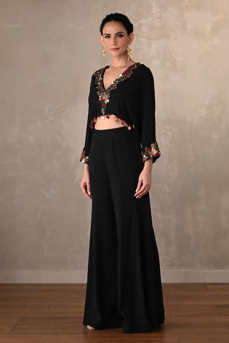 Buy_Onaya_Black Georgette Embroidery, Mirrors, Thread Embellished Crop Top And Trouser Set _Online_at_Aza_Fashions