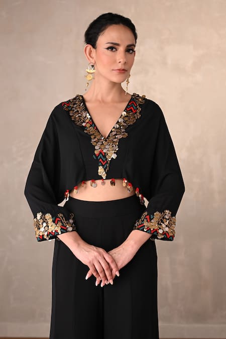 Shop_Onaya_Black Georgette Embroidery, Mirrors, Thread Embellished Crop Top And Trouser Set _Online_at_Aza_Fashions