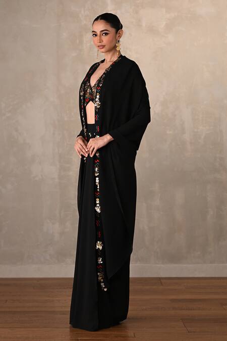 Onaya_Black Georgette Embroidery, Mirrors V-, Open Embellished Cape Skirt Set _Online_at_Aza_Fashions