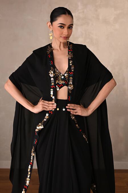 Buy_Onaya_Black Georgette Embroidery, Mirrors V-, Open Embellished Cape Skirt Set _Online_at_Aza_Fashions