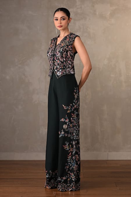 Onaya_Black Silk Sequins, Beads, Pearls V-neck Printed Waistcoat And Wide Leg Pant Set _Online_at_Aza_Fashions
