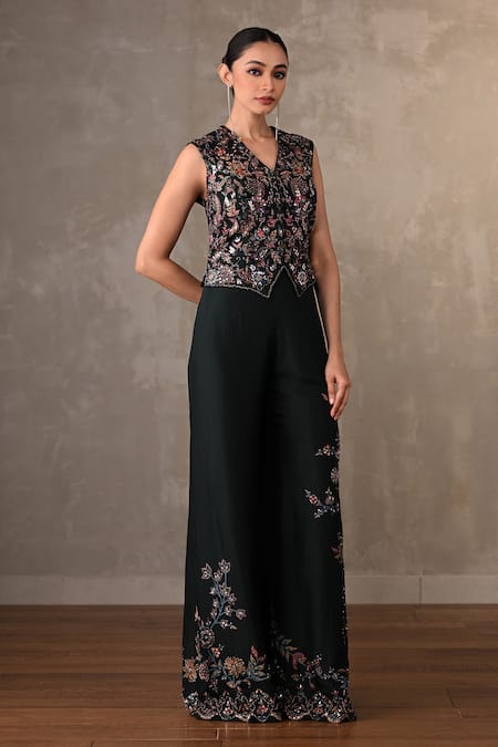 Buy_Onaya_Black Silk Sequins, Beads, Pearls V-neck Printed Waistcoat And Wide Leg Pant Set _Online_at_Aza_Fashions