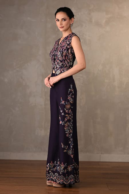 Buy_Onaya_Purple Silk Sequins, Beads, Pearls Embroidered Waistcoat And Wide Leg Pant Set _Online_at_Aza_Fashions