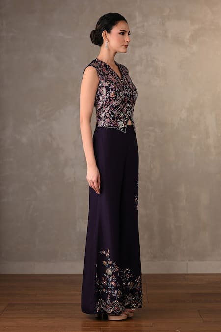 Shop_Onaya_Purple Silk Sequins, Beads, Pearls Embroidered Waistcoat And Wide Leg Pant Set _Online_at_Aza_Fashions