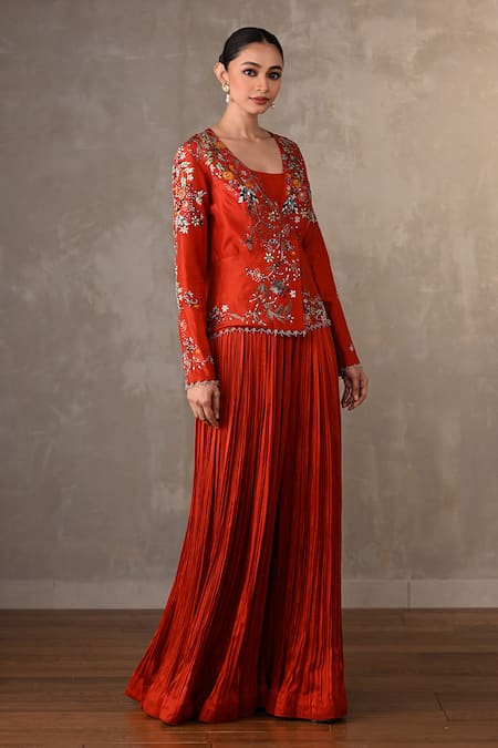 Onaya_Red Silk Sequins, Beads Sweetheart Neck, Embroidered Jacket Pant Set _Online_at_Aza_Fashions