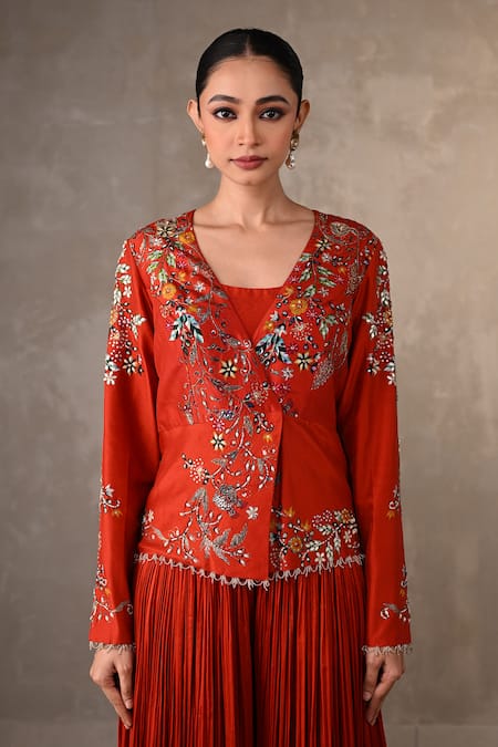 Buy_Onaya_Red Silk Sequins, Beads Sweetheart Neck, Embroidered Jacket Pant Set _Online_at_Aza_Fashions