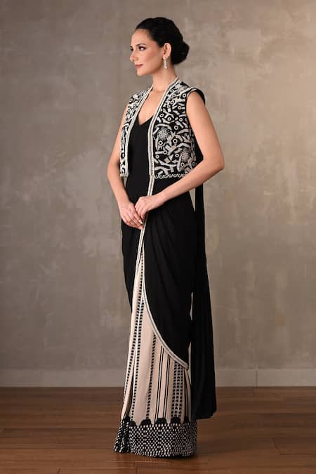 Onaya_Black Georgette Sequins, Beads, Stones V-neck, Work Pre-draped Saree Jacket Set _Online_at_Aza_Fashions