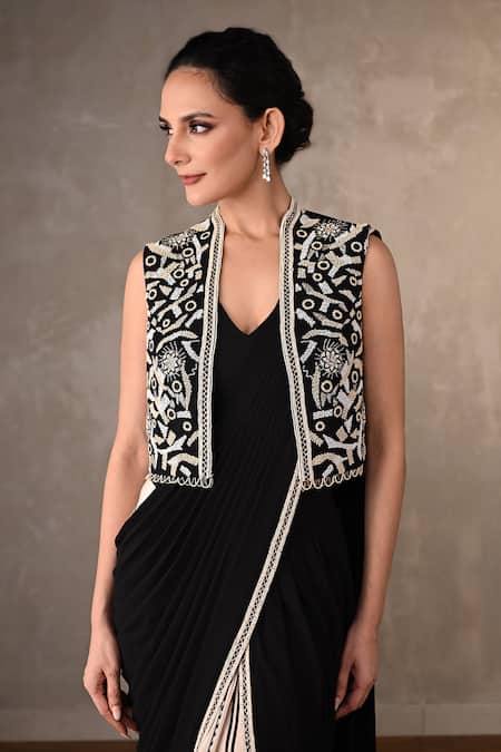 Buy_Onaya_Black Georgette Sequins, Beads, Stones V-neck, Work Pre-draped Saree Jacket Set _Online_at_Aza_Fashions