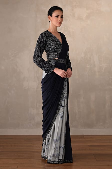 Buy_Onaya_Navy Crepe Sequins, Beads, Cut Work V-neck Two Tone Pre-draped Saree Set _Online_at_Aza_Fashions