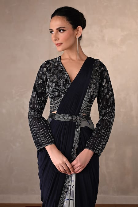 Shop_Onaya_Navy Crepe Sequins, Beads, Cut Work V-neck Two Tone Pre-draped Saree Set _Online_at_Aza_Fashions