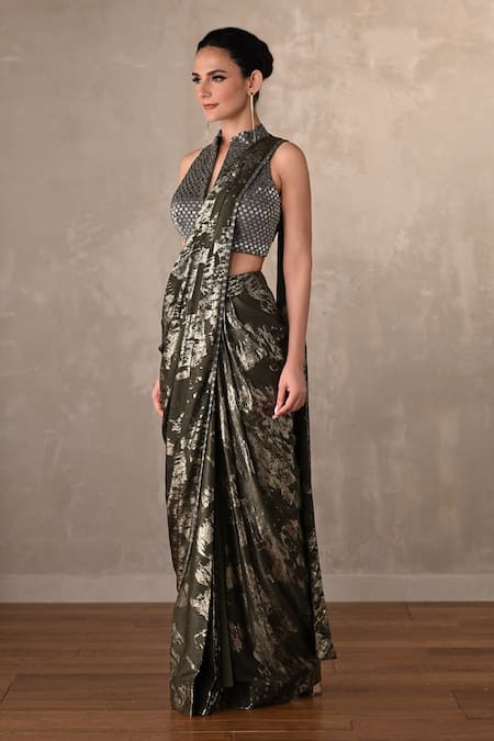 Onaya_Olive Green Foil Printing, Sequins, Beads Abstract Pattern Pre-draped Saree Set _Online_at_Aza_Fashions