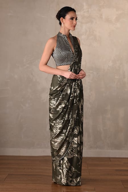 Buy_Onaya_Olive Green Foil Printing, Sequins, Beads Abstract Pattern Pre-draped Saree Set _Online_at_Aza_Fashions