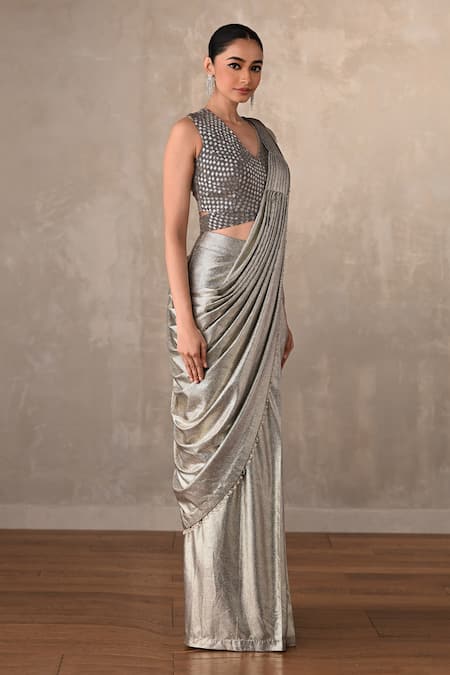 Onaya_Silver Lycra Sequins V-neck Pre-draped Saree And Embellished Blouse Set _Online_at_Aza_Fashions