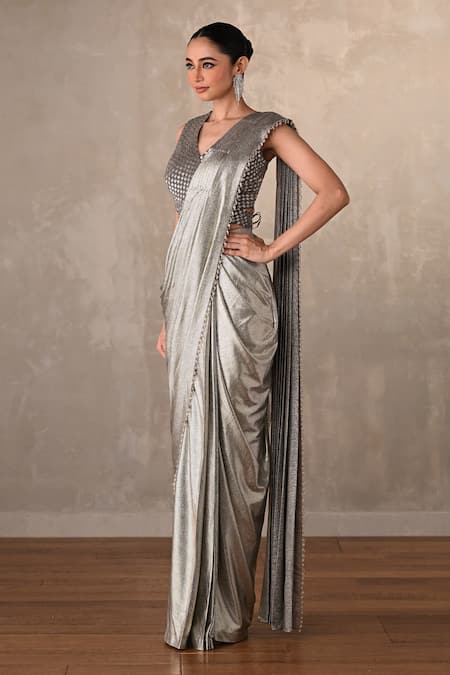 Buy_Onaya_Silver Lycra Sequins V-neck Pre-draped Saree And Embellished Blouse Set _Online_at_Aza_Fashions