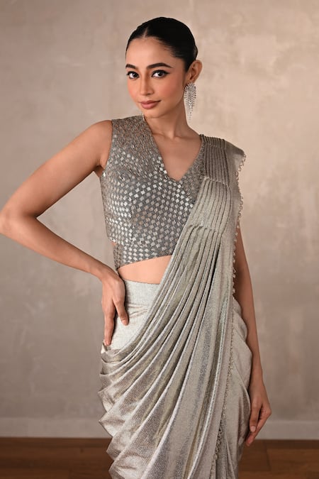 Shop_Onaya_Silver Lycra Sequins V-neck Pre-draped Saree And Embellished Blouse Set _Online_at_Aza_Fashions