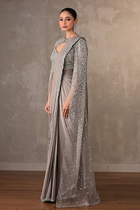 Onaya_Grey Crepe, Net Sequins, Beads, Embellished Pre-draped Saree Jacket Set _Online_at_Aza_Fashions