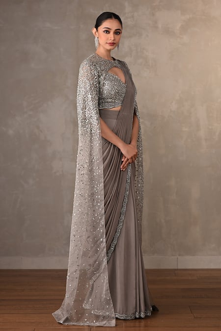 Buy_Onaya_Grey Crepe, Net Sequins, Beads, Embellished Pre-draped Saree Jacket Set _Online_at_Aza_Fashions