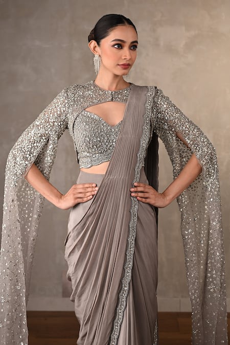 Shop_Onaya_Grey Crepe, Net Sequins, Beads, Embellished Pre-draped Saree Jacket Set _Online_at_Aza_Fashions