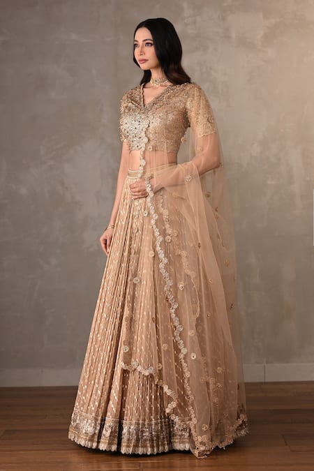 Onaya_Beige Organza Beads, Stones, Metallic Thread, Badla Moti Lehenga Set _Online_at_Aza_Fashions