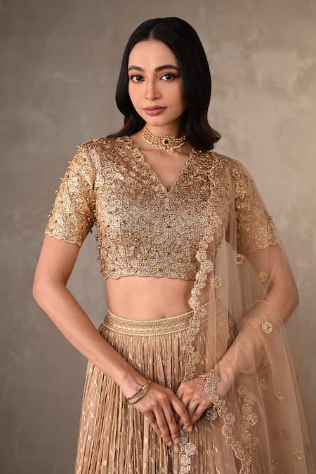 Onaya_Beige Organza Beads, Stones, Metallic Thread, Badla Moti Lehenga Set _at_Aza_Fashions