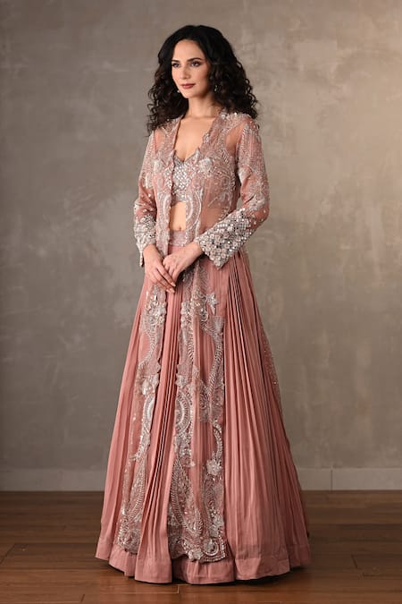 Buy_Onaya_Peach Crepe Mirrors, Sequins, Beads V-neck Work Jacket Lehenga Set _Online_at_Aza_Fashions