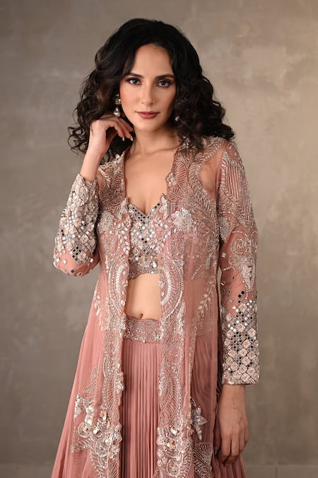 Shop_Onaya_Peach Crepe Mirrors, Sequins, Beads V-neck Work Jacket Lehenga Set _Online_at_Aza_Fashions