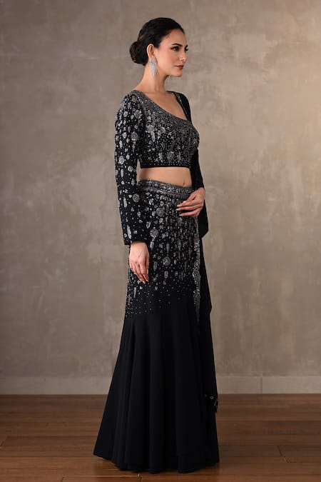 Onaya_Black Georgette Sequins, Stones, Embroidery, Beads Asymmetric Lehenga Set _Online_at_Aza_Fashions