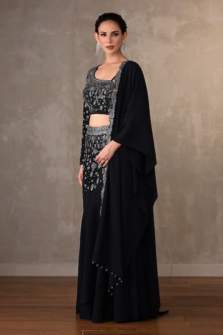 Buy_Onaya_Black Georgette Sequins, Stones, Embroidery, Beads Asymmetric Lehenga Set _Online_at_Aza_Fashions