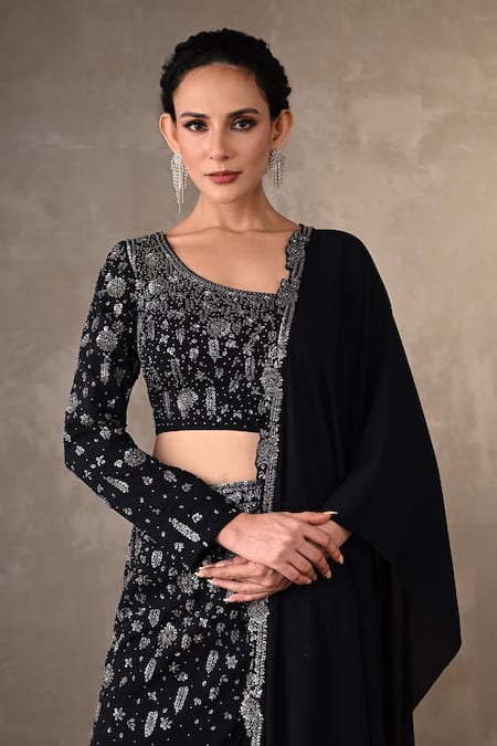 Shop_Onaya_Black Georgette Sequins, Stones, Embroidery, Beads Asymmetric Lehenga Set _Online_at_Aza_Fashions