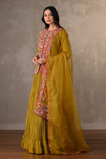Onaya_Mustard Organza Embroidery, Applique, Sequins, Front Open Jacket Lehenga Set _Online_at_Aza_Fashions