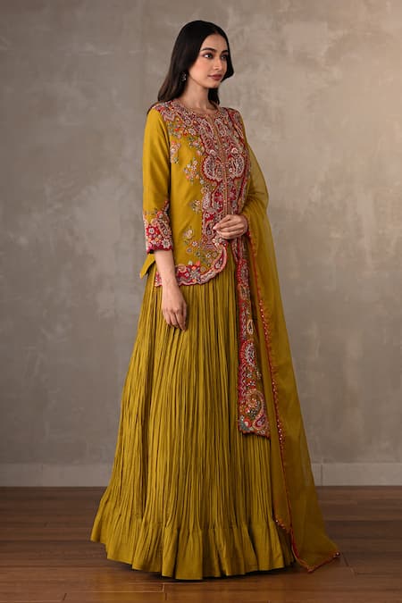 Buy_Onaya_Mustard Organza Embroidery, Applique, Sequins, Front Open Jacket Lehenga Set _Online_at_Aza_Fashions