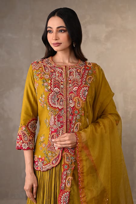Shop_Onaya_Mustard Organza Embroidery, Applique, Sequins, Front Open Jacket Lehenga Set _Online_at_Aza_Fashions
