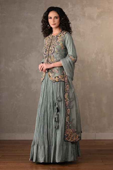 Onaya_Blue Organza Embroidery, Mirrors, Sequins, Front-open Jacket Lehenga Set _Online_at_Aza_Fashions