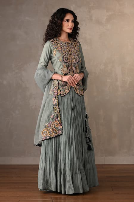 Buy_Onaya_Blue Organza Embroidery, Mirrors, Sequins, Front-open Jacket Lehenga Set _Online_at_Aza_Fashions