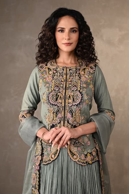 Shop_Onaya_Blue Organza Embroidery, Mirrors, Sequins, Front-open Jacket Lehenga Set _Online_at_Aza_Fashions