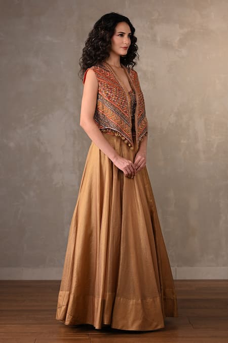 Onaya_Orange Tissue Pearls, Sequins, Beads, Cut Work Embroidered Jacket Lehenga Set _Online_at_Aza_Fashions