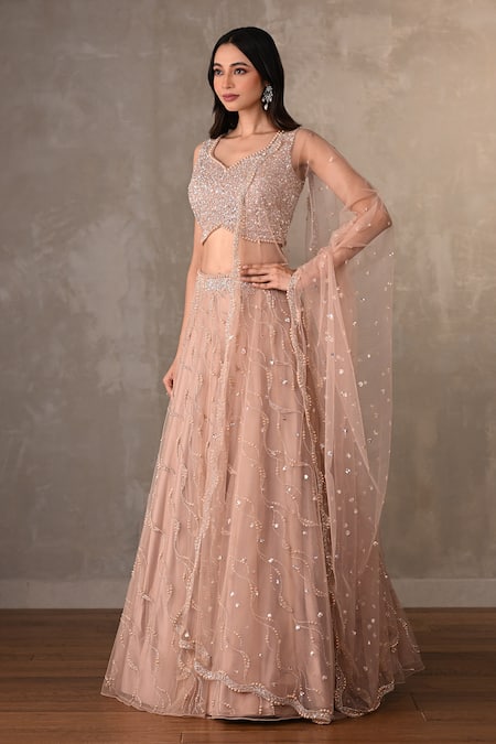 Onaya_Beige Net Sequins, Beads V-neck And Wavy Embroidered Lehenga Set _Online_at_Aza_Fashions